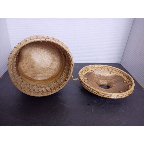 Vintage Indonesian Natural Carved Wood and Rattan Basket Tissue Dispenser - Picture 3 of 8